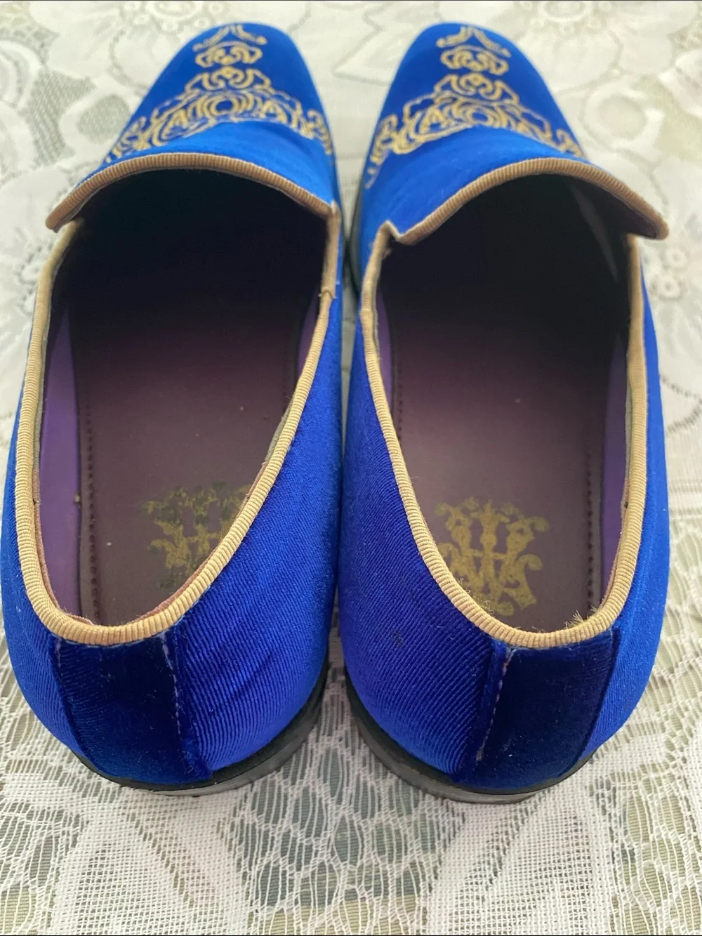 Men's Royal Blue Velvet Slip-On Loafers with Gold Embroidery
